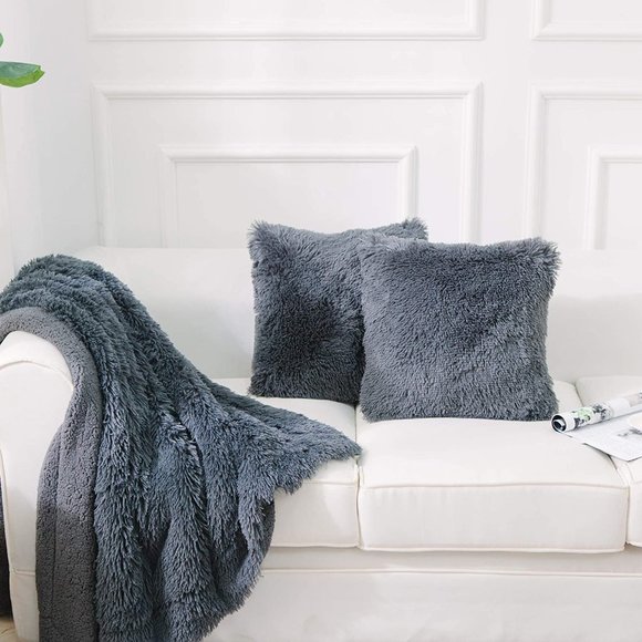 Deep Gray Luxury Furry Soft Adorable Trendy Pompom Throw Pillow Decor Cover Set - Picture 8 of 8